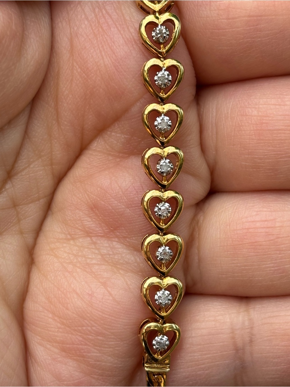 Vintage 1/20 GF Heart Bracelet Gold Filled CZ Rhinestone Romantic 7”